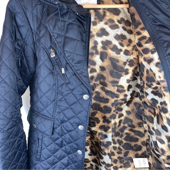 Laundry by Shelli Segal Black Puffer Coat Removable Hood Cheetah Lining sz XS - Picture 5 of 14